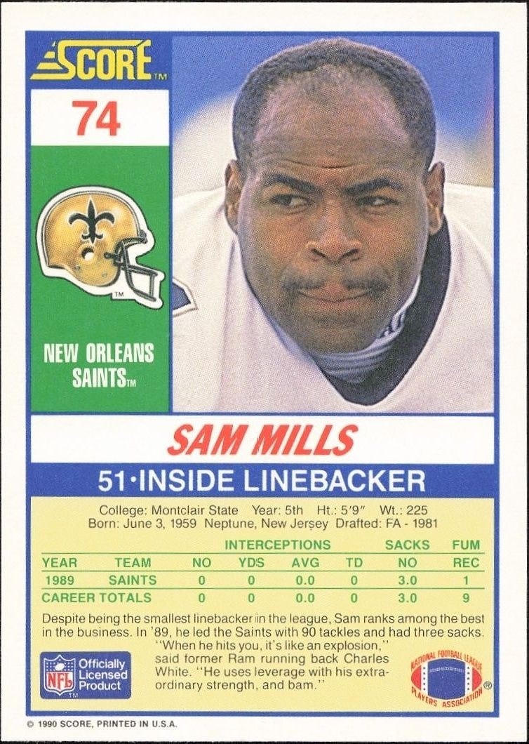 1990 Score Sam Mills #74 football trading card back