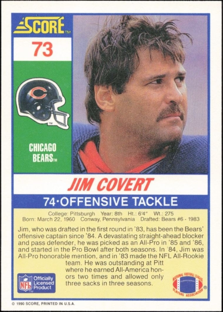 1990 Score Jim Covert #73 football trading card back