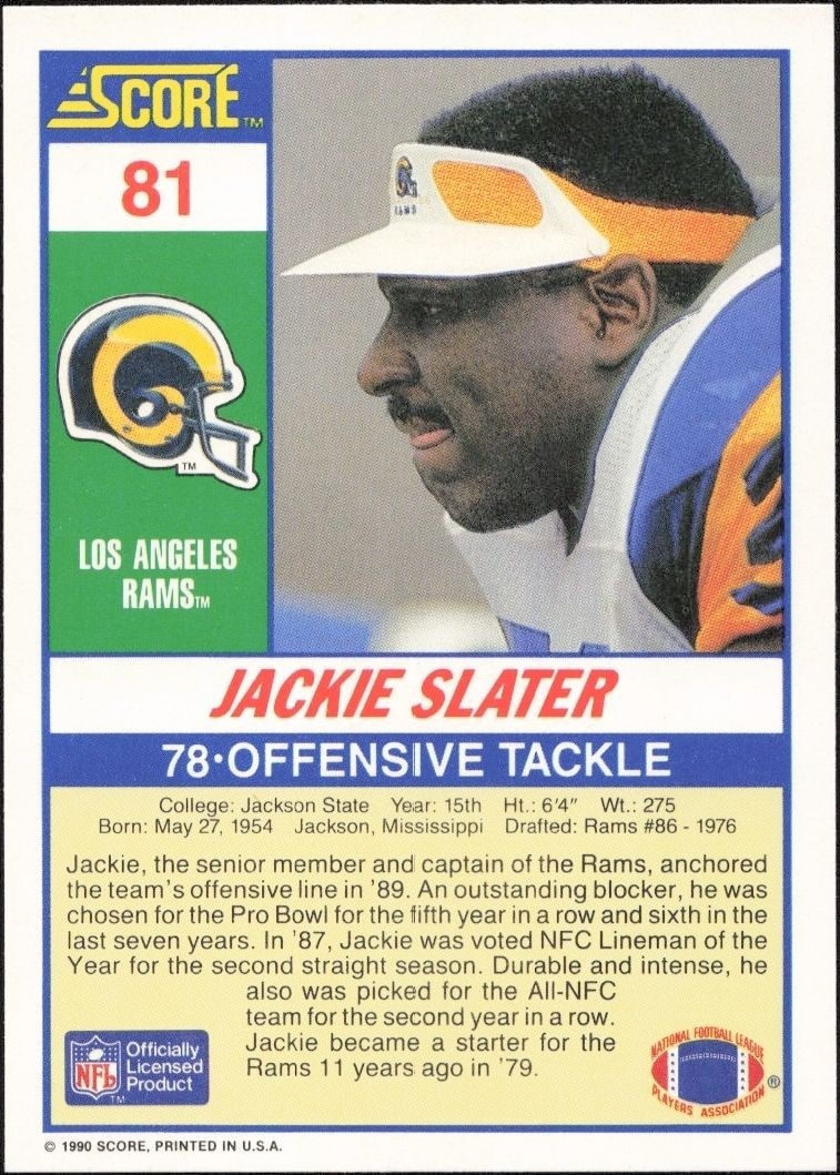 1990 Score Jackie Slater #81 football trading card back
