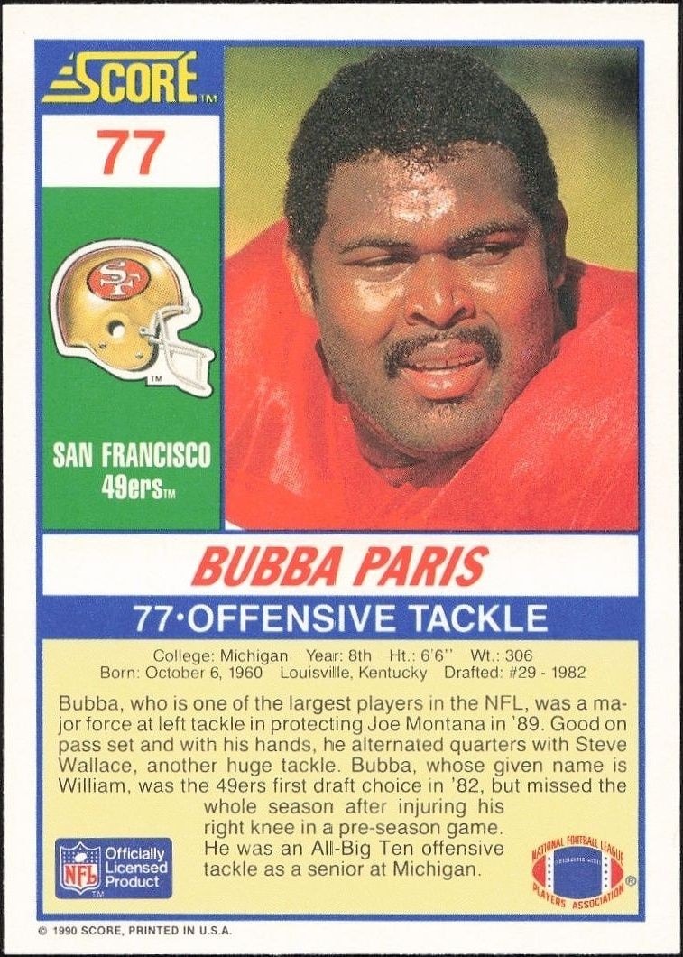 1990 Score Bubba Paris #77 football trading card back