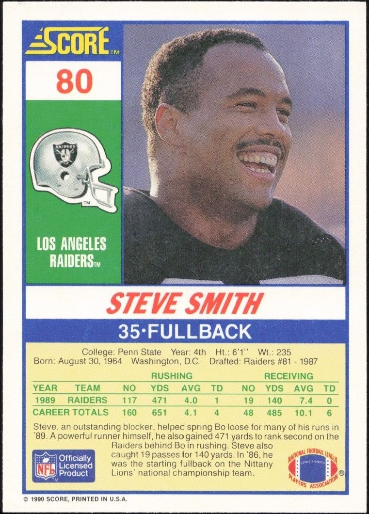 1990 Score Steve Smith #80 football trading card back