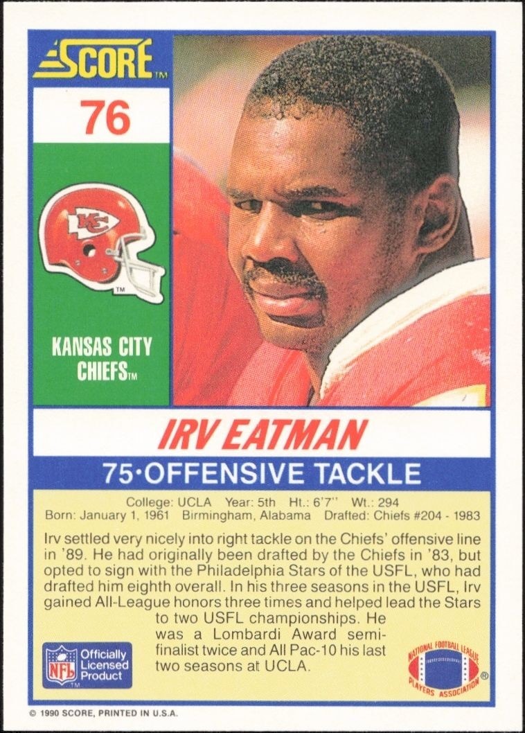 1990 Score Irv Eatman #76 football trading card back