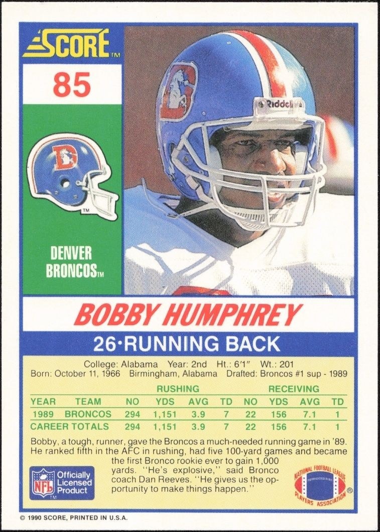 1990 Score Bobby Humphrey #85 football trading card back