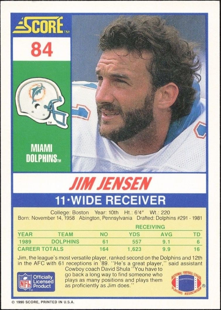 1990 Score Jim Jensen #84 football trading card back