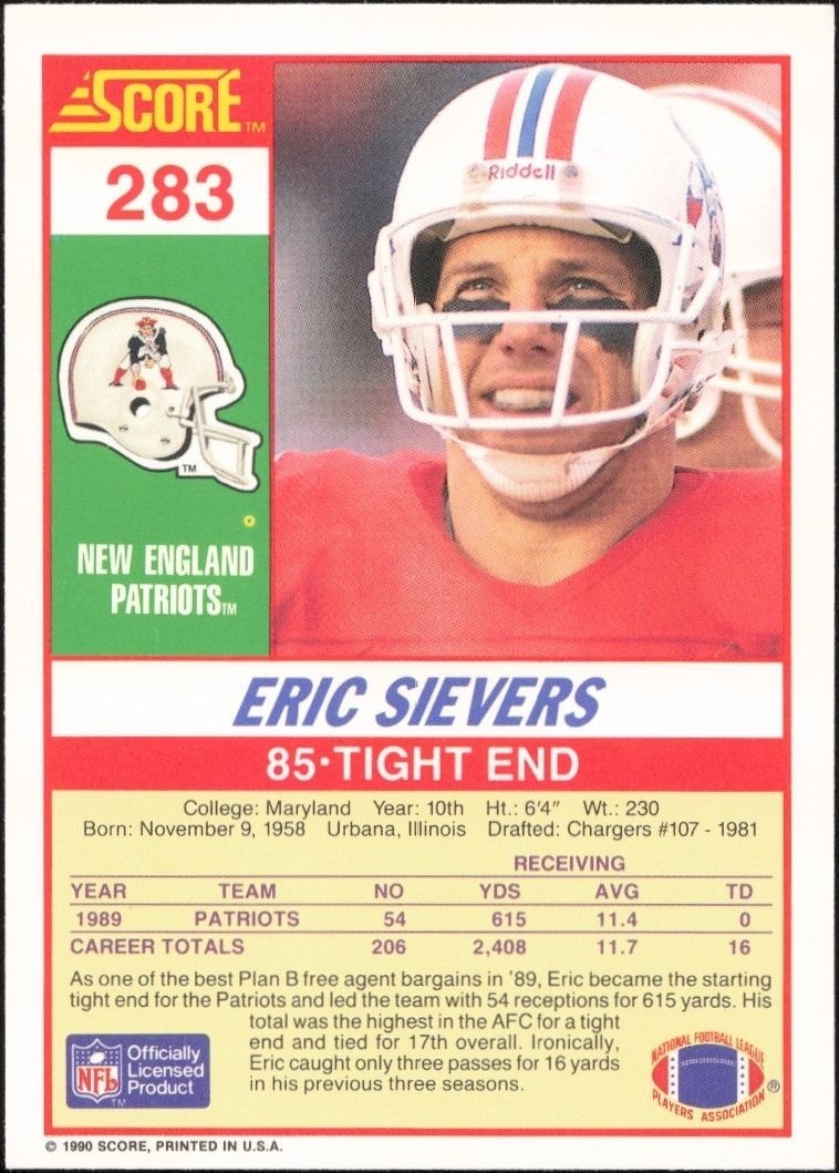 1990 Score Eric Sievers #283 football trading card back