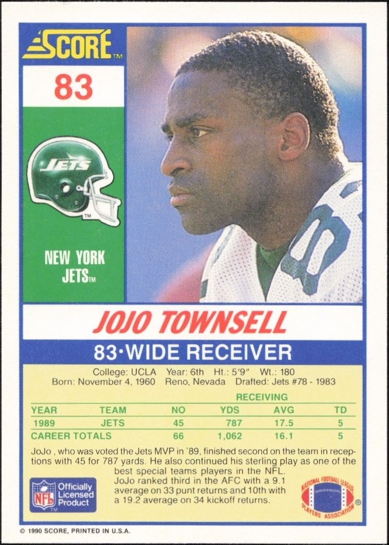 1990 Score Jo Jo Townsell #83 football trading card back