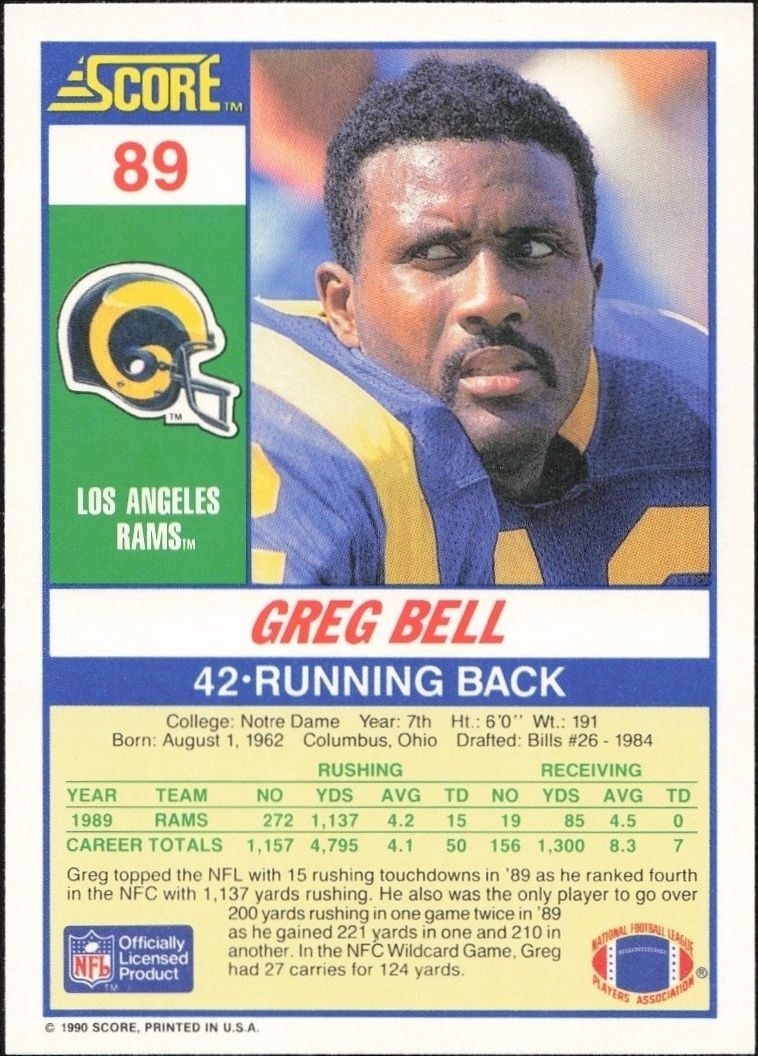 1990 Score Greg Bell #89 football trading card back