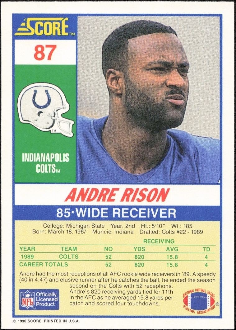 1990 Score Andre Rison #87 football trading card back
