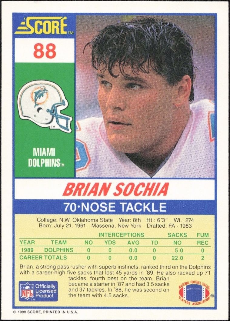 1990 Score Brian Sochia #88 football trading card back
