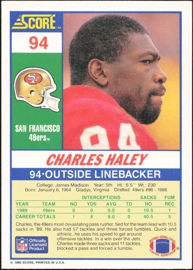 1990 Score Charles Haley #94 football trading card back