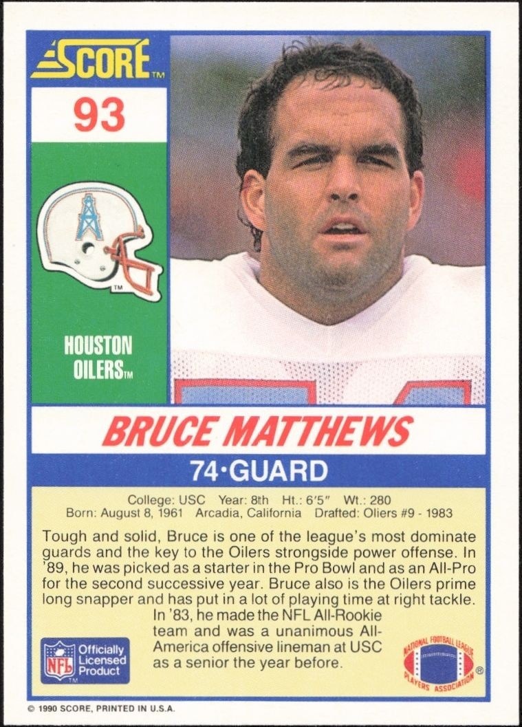1990 Score Bruce Matthews #93 football trading card back