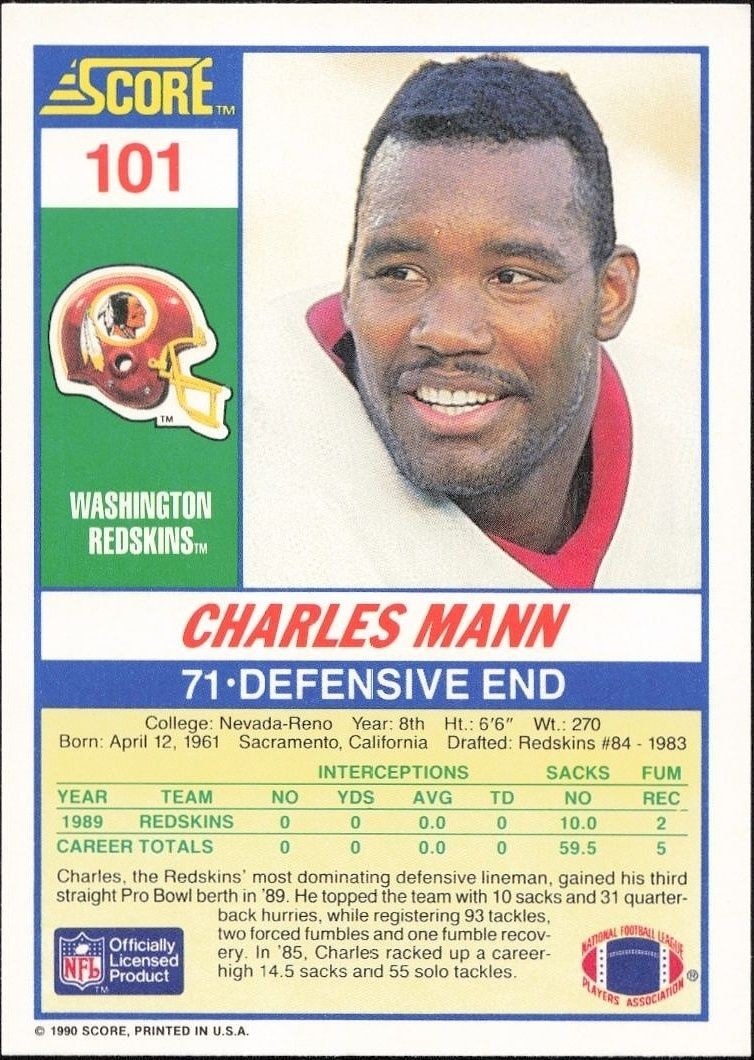 1990 Score Charles Mann #101 football trading card back