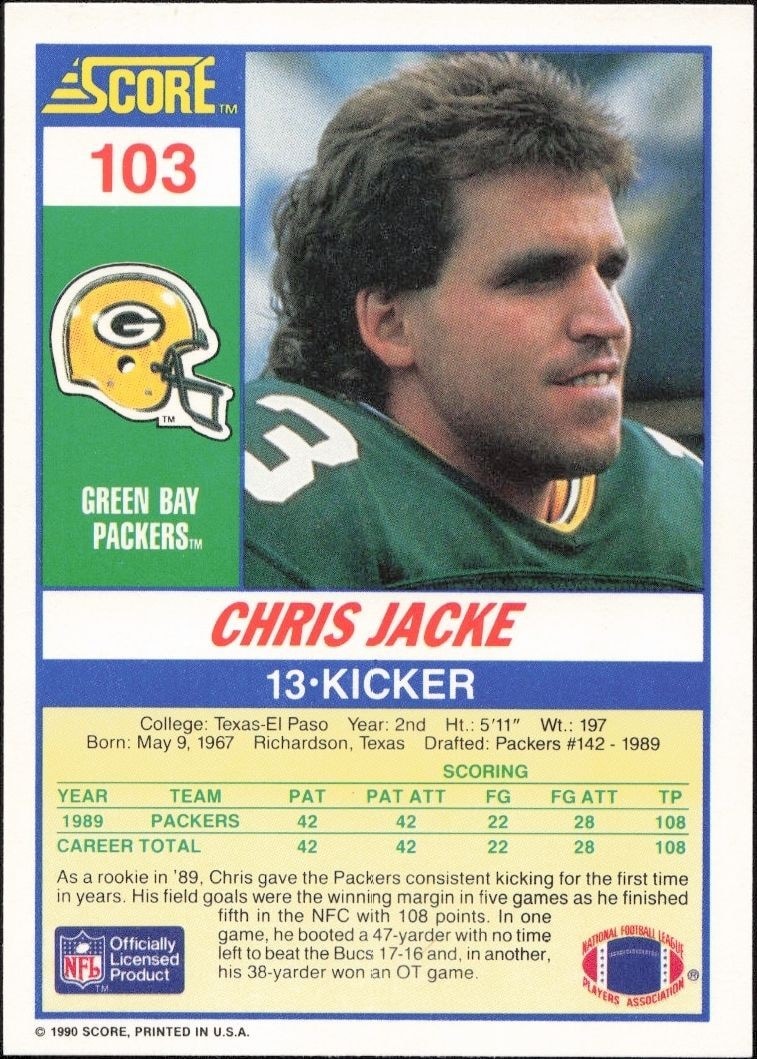 1990 Score Chris Jacke #103 football trading card back