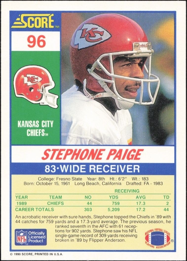 1990 Score Stephone Paige #96 football trading card back