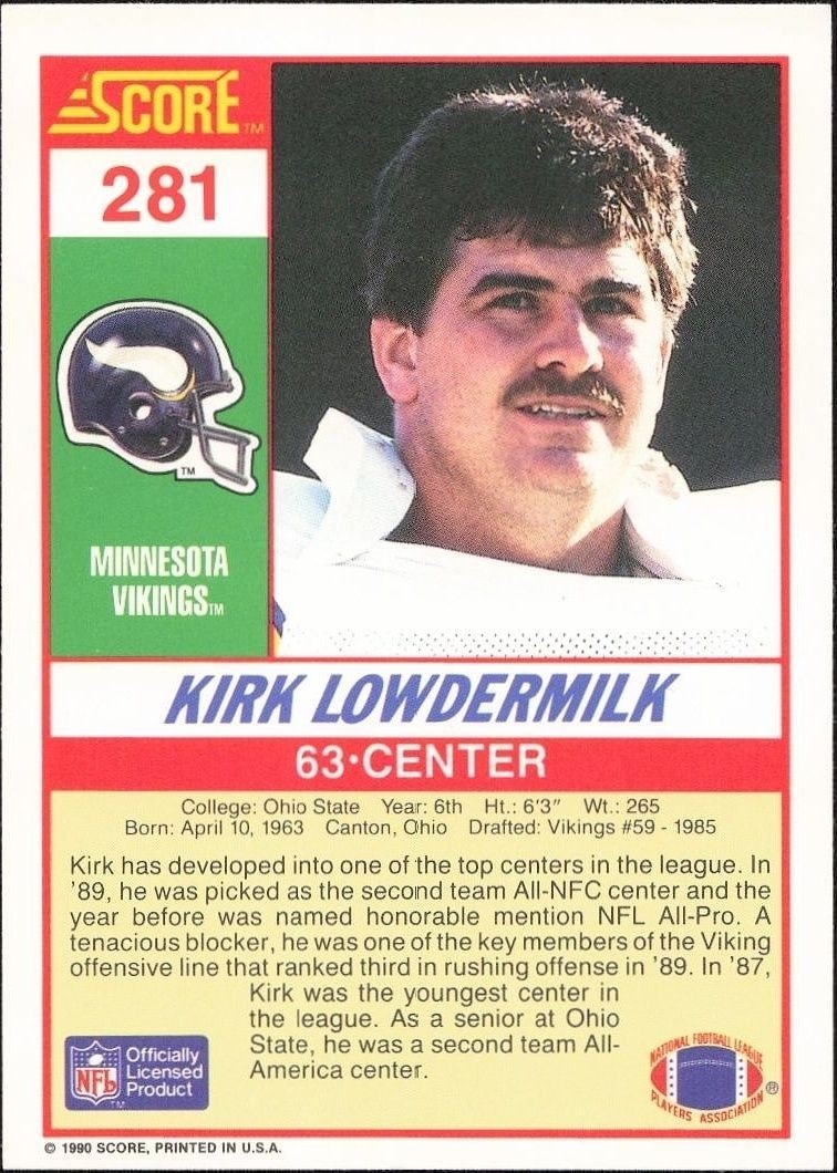 1990 Score Kirk Lowdermilk #281 football trading card back