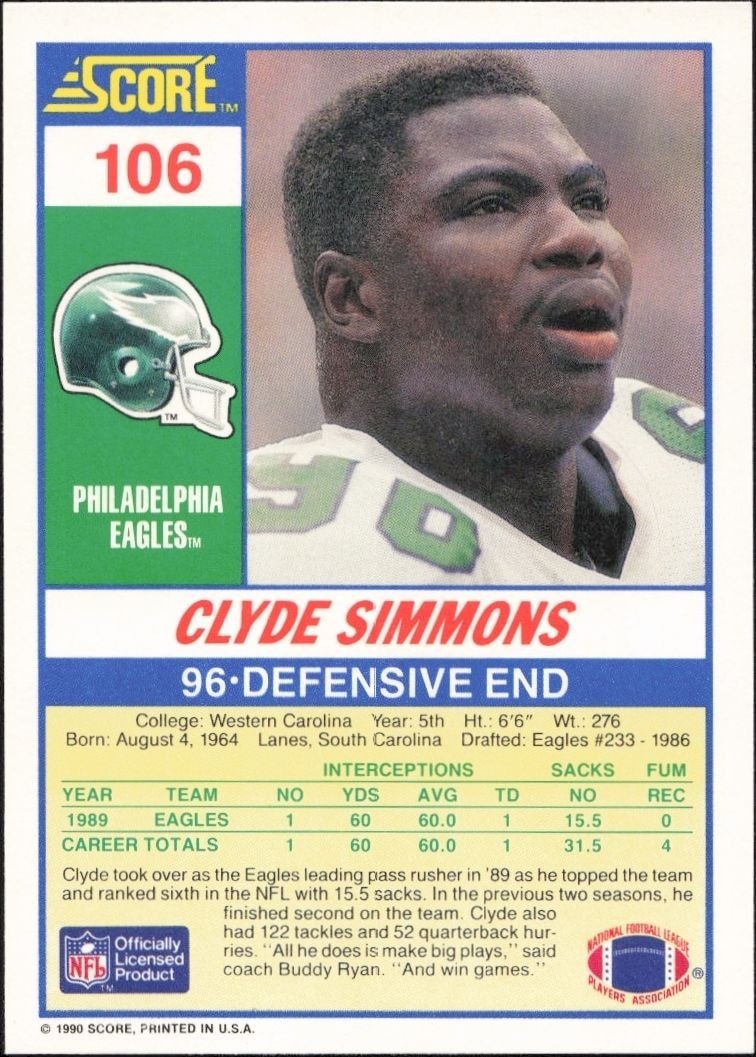 1990 Score Clyde Simmons #106 football trading card back