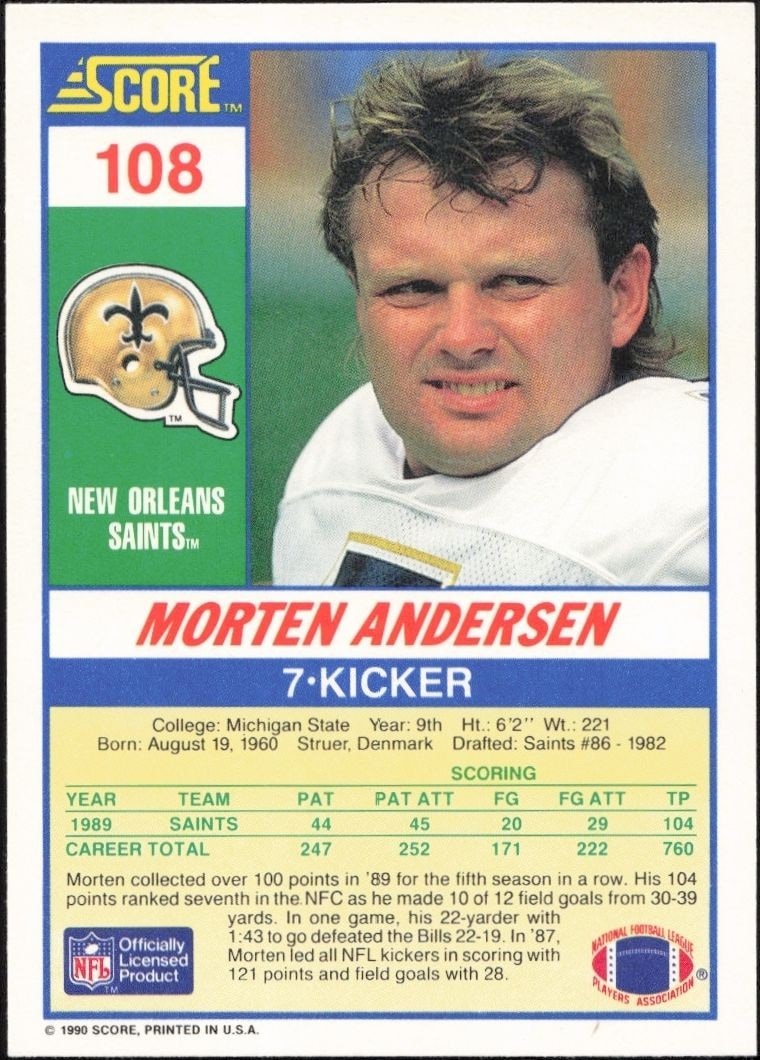 1990 Score Morten Andersen #108 football trading card back