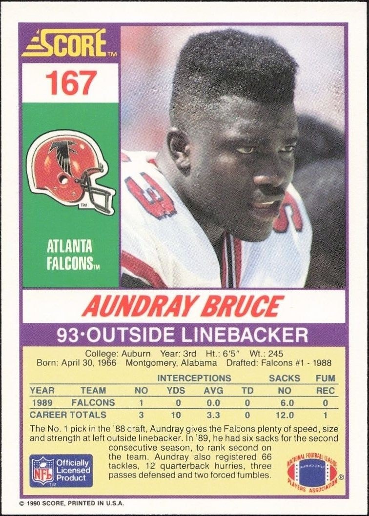 1990 Score Aundray Bruce #167 football trading card back