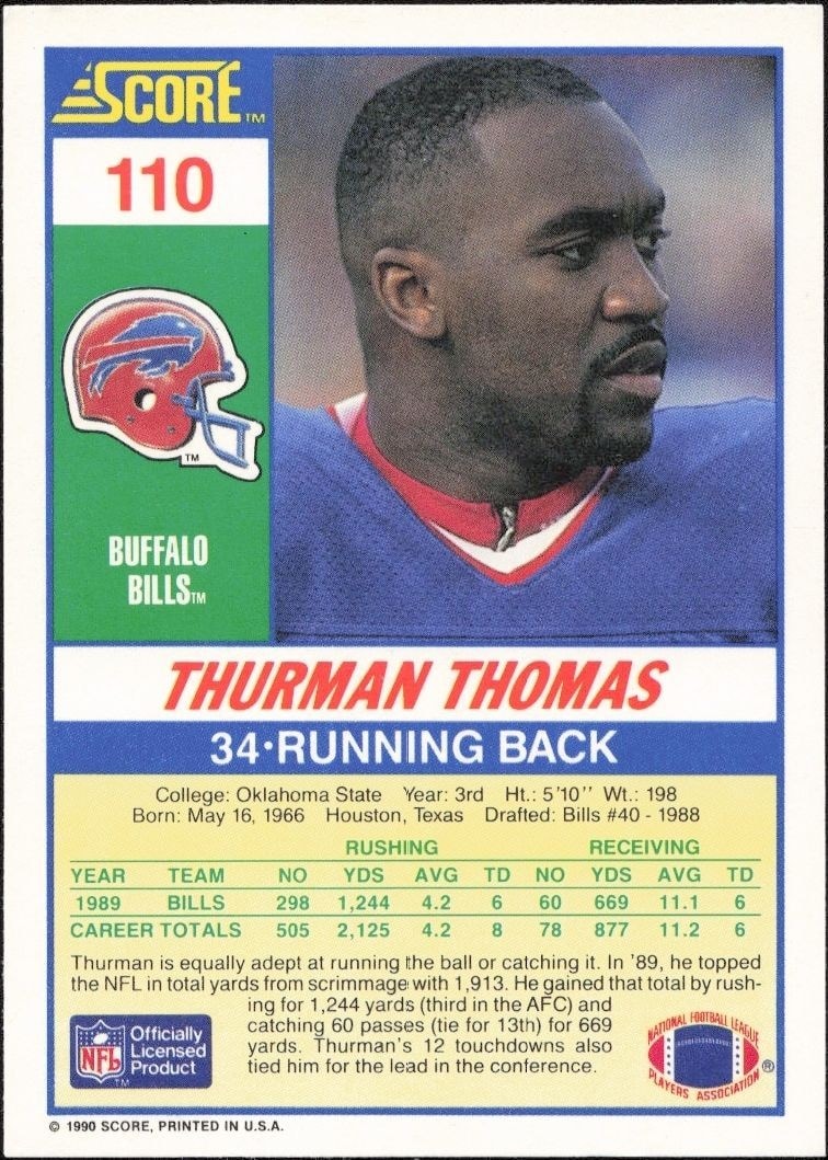 1990 Score Thurman Thomas #110 football trading card back
