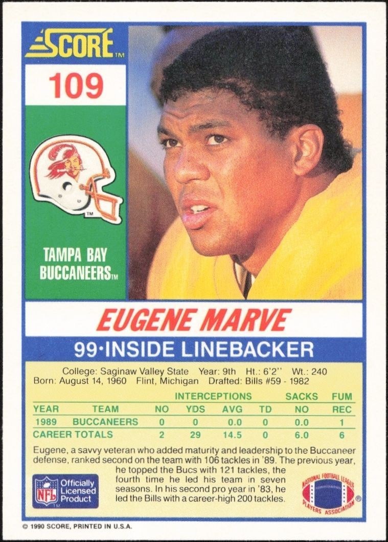 1990 Score Eugene Marve #109 football trading card back