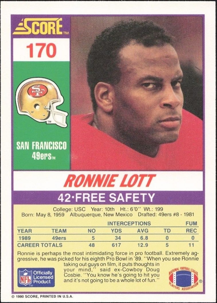1990 Score Ronnie Lott #170 football trading card back