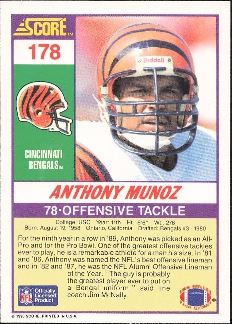 1990 Score Anthony Munoz #178 football trading card back