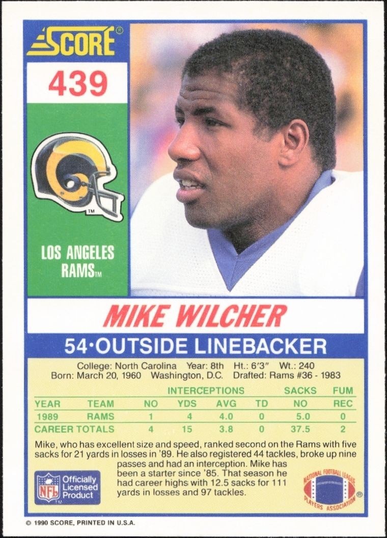 1990 Score Mike Wilcher #439 football trading card back