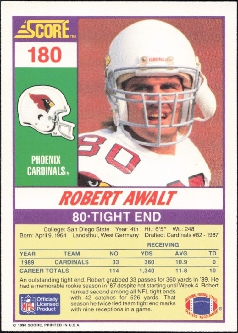 1990 Score Robert Awalt #180 football trading card back