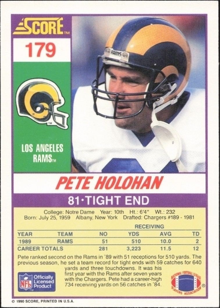 1990 Score Pete Holohan #179 football trading card back