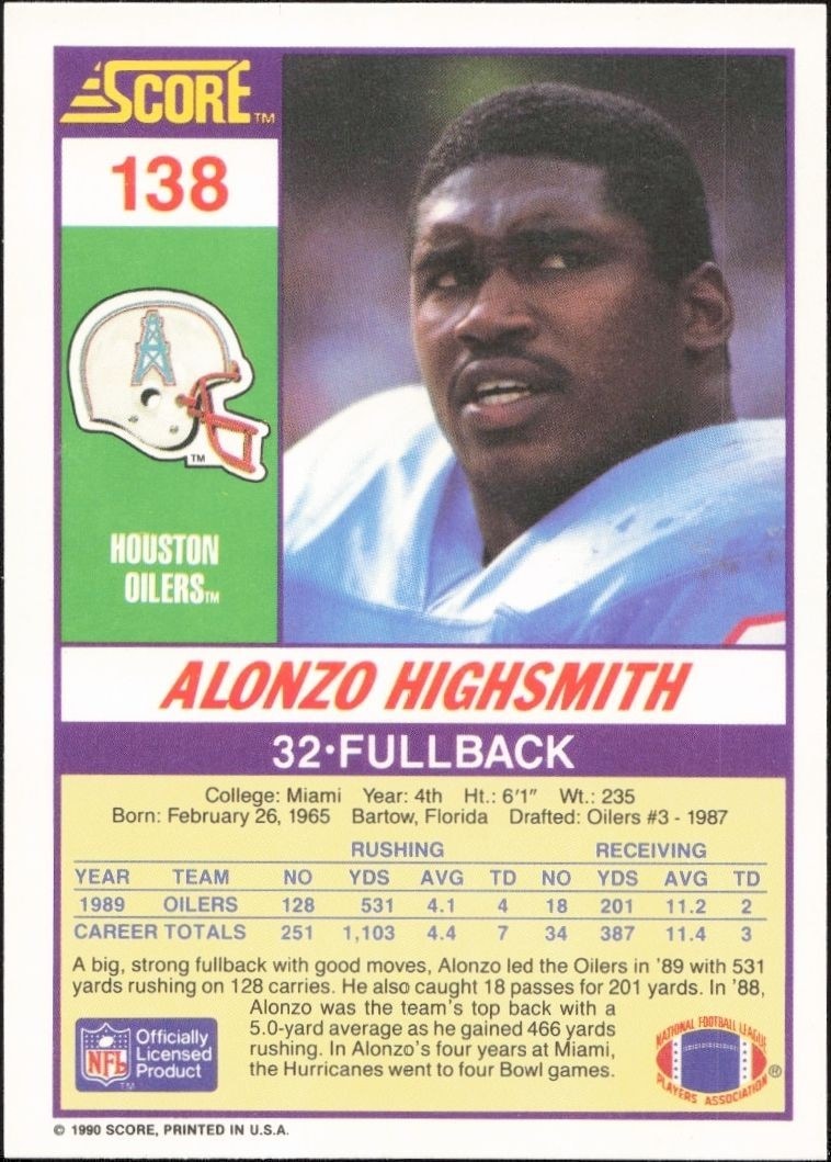 1990 Score Alonzo Highsmith #138 football trading card back