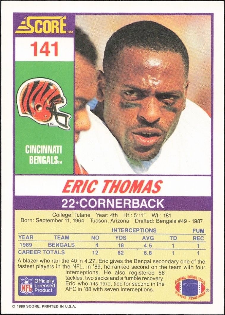 1990 Score Eric Thomas #141 football trading card back