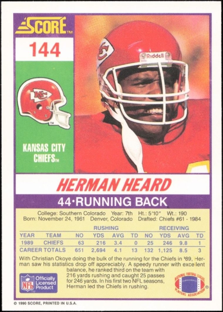 1990 Score Herman Heard #144 football trading card back