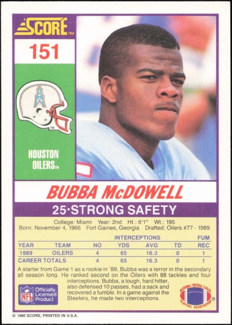 1990 Score Bubba McDowell #151 football trading card back