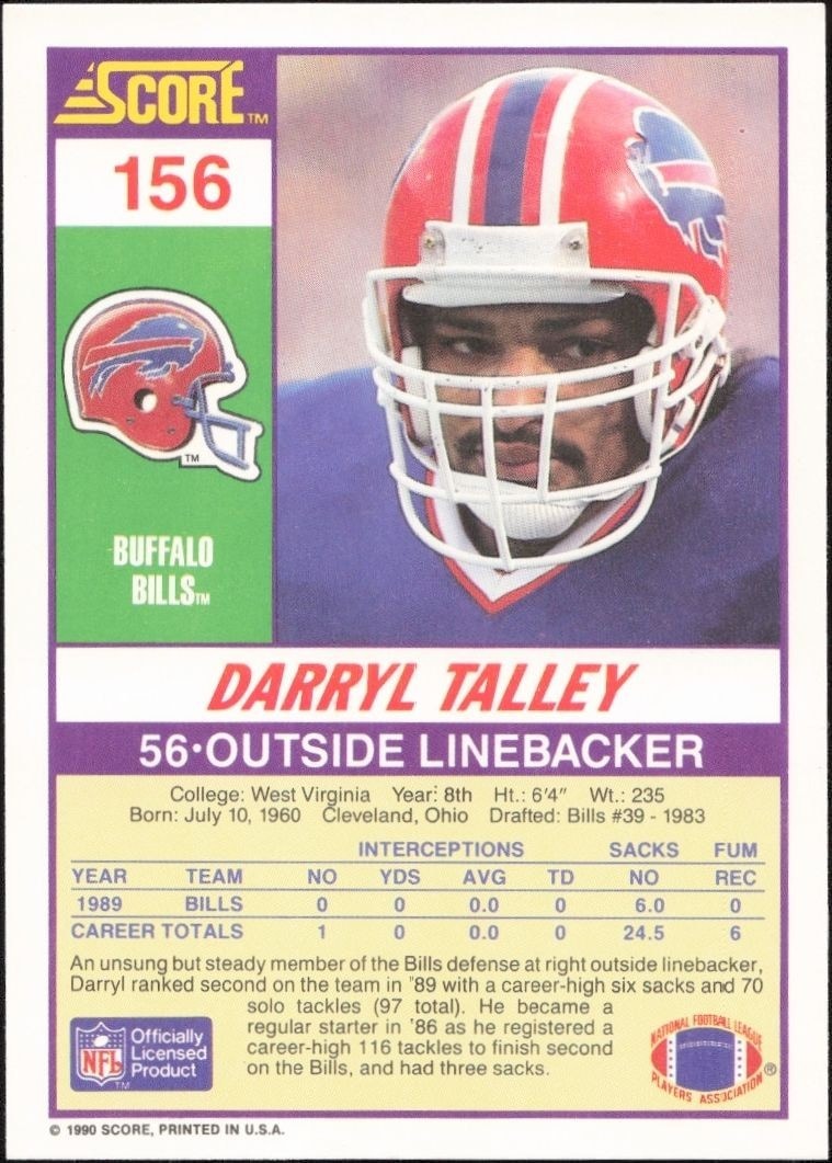 1990 Score Darryl Talley #156 football trading card back