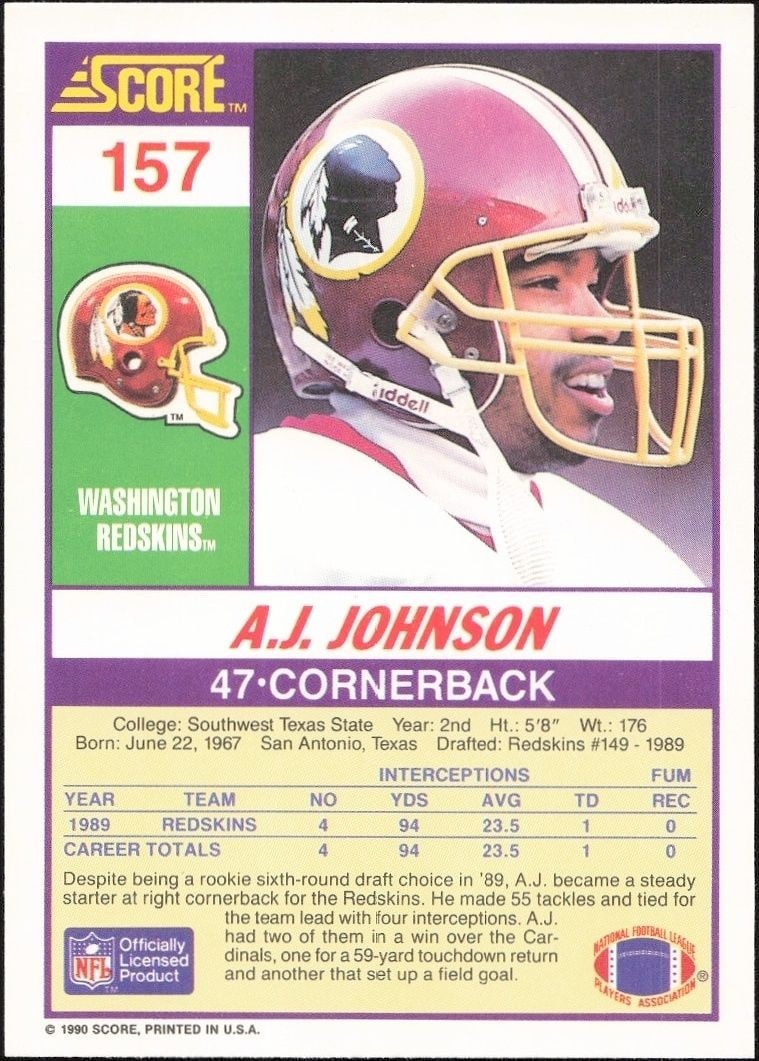 1990 Score A.J. Johnson #157 football trading card back