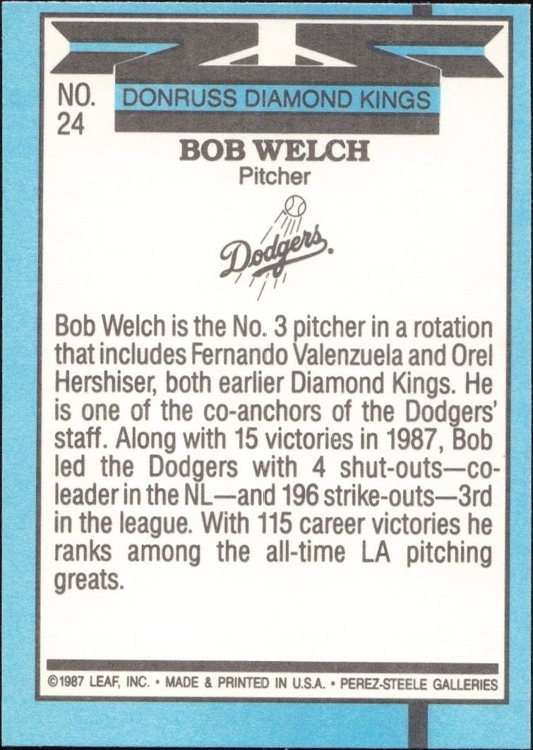 1988 Donruss Bob Welch #24 baseball trading card back