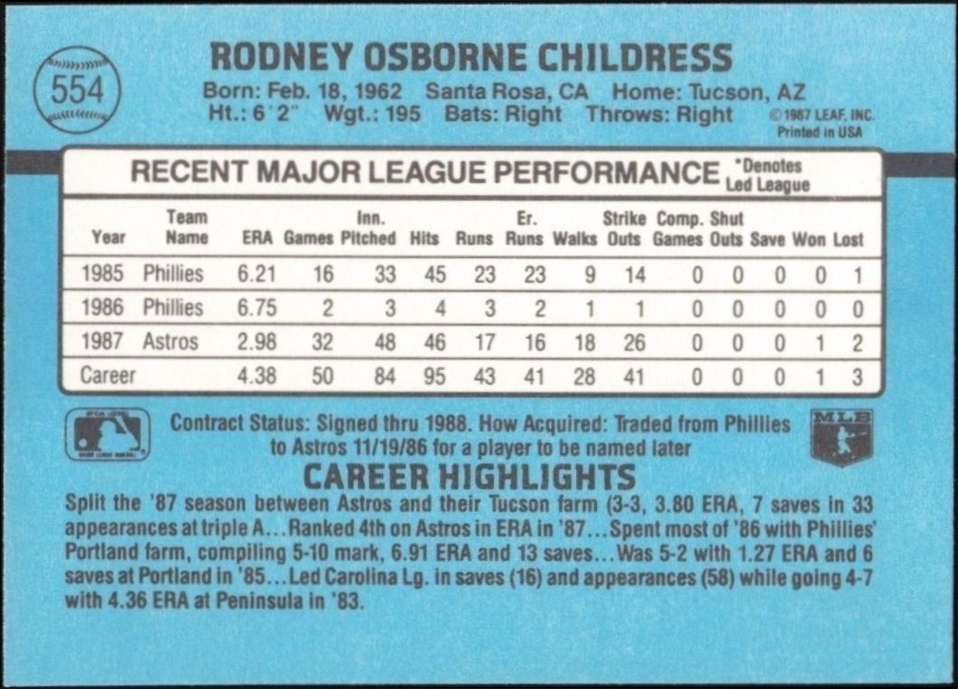 1988 Donruss Rocky Childress #554 baseball trading card back