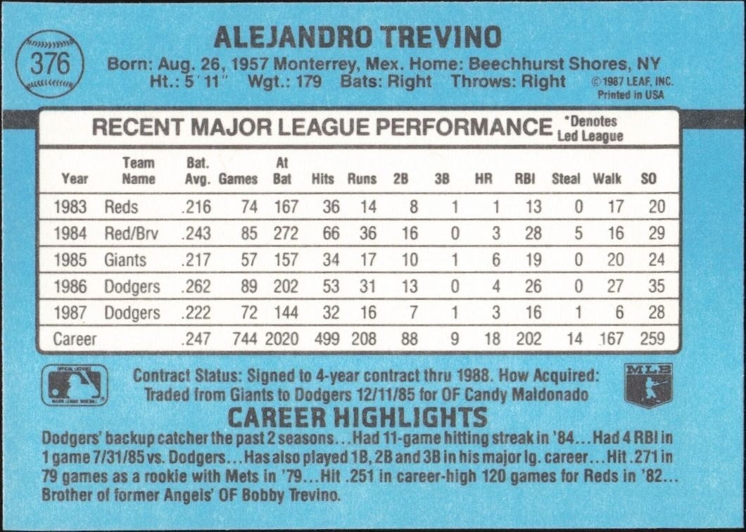 1988 Donruss Alex Trevino #376 baseball trading card back