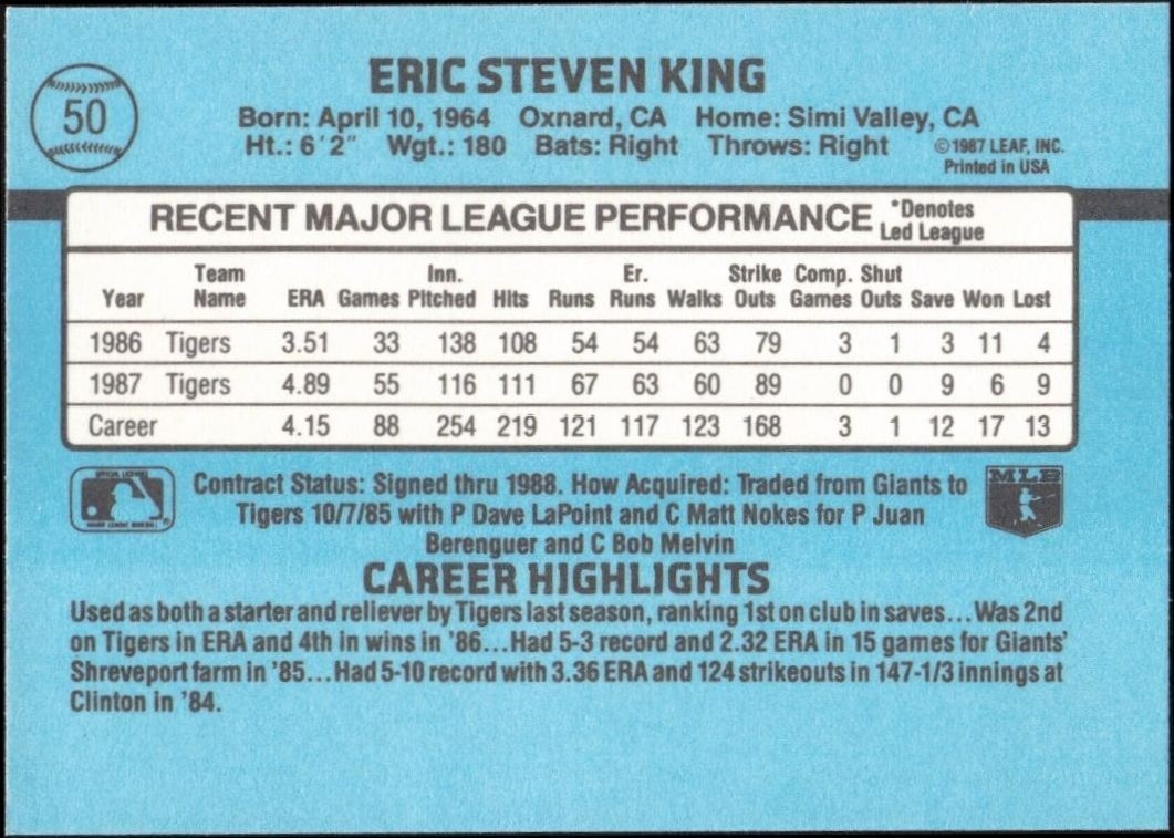 1988 Donruss Eric King #50 baseball trading card back