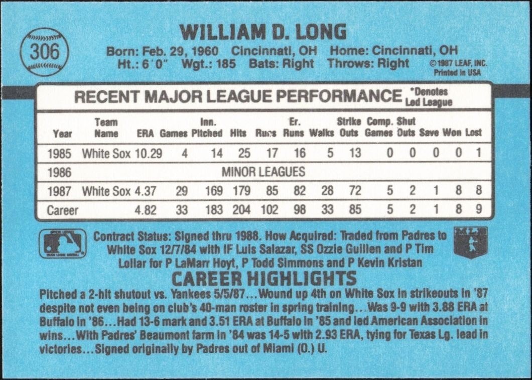 1988 Donruss Bill Long #306 baseball trading card back