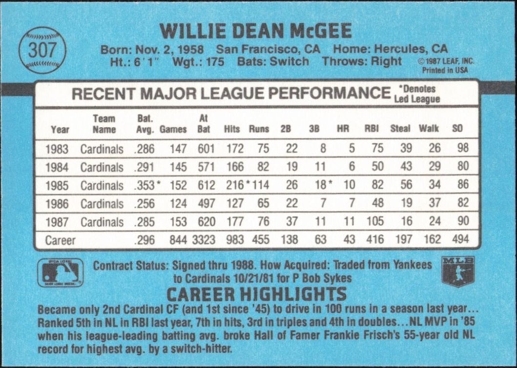 1988 Donruss Willie McGee #307 baseball trading card back