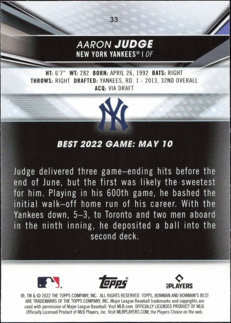2022 Bowman S Best Aaron Judge #33 baseball trading card back