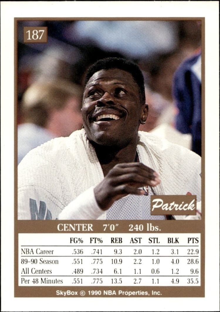 1990-91 Skybox Patrick Ewing #187 basketball trading card back