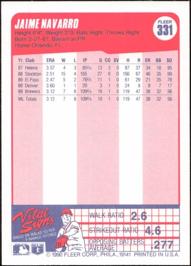 1990 Fleer Jaime Navarro #331 baseball trading card back