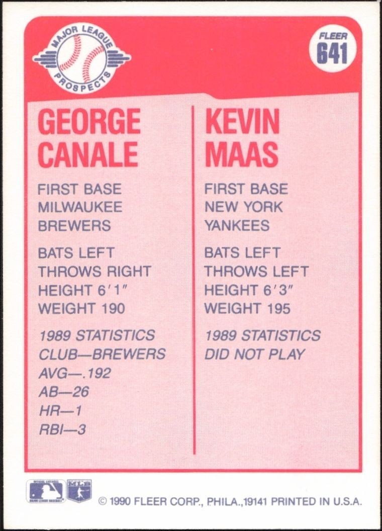 1990 Fleer George Canale #641 baseball trading card back