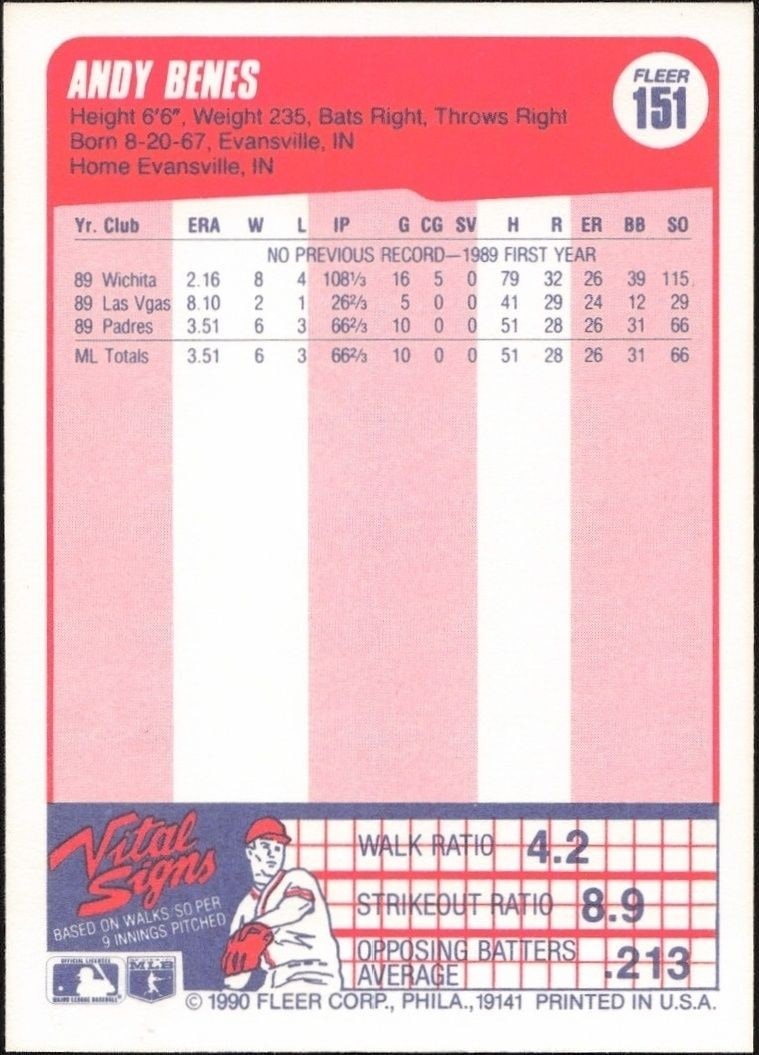 1990 Fleer Andy Benes #151 baseball trading card back