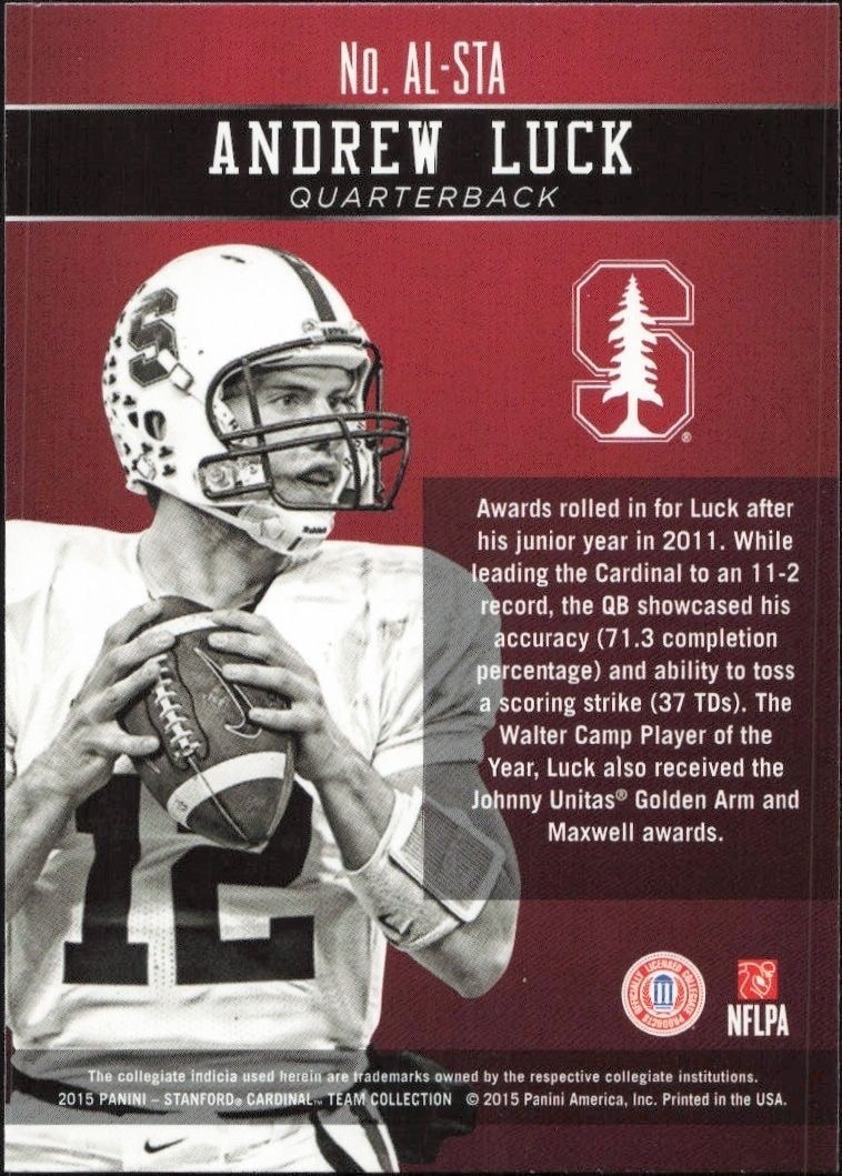 2015 Panini Stanford Cardinal Team Collection Andrew Luck #AL-STA football trading card back