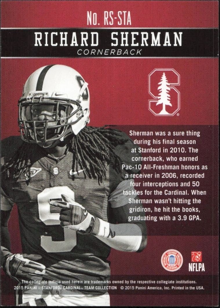 2015 Panini Stanford Cardinal Team Collection Richard Sherman #RS-STA football trading card back