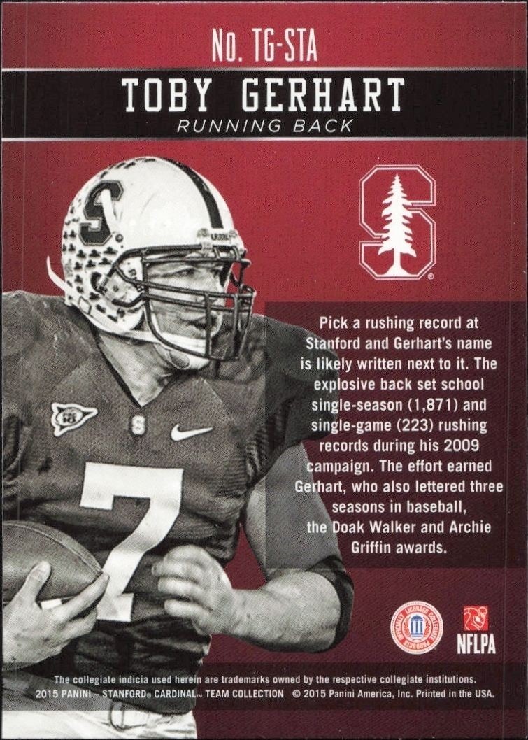 2015 Panini Stanford Cardinal Team Collection Toby Gerhart #TG-STA football trading card back