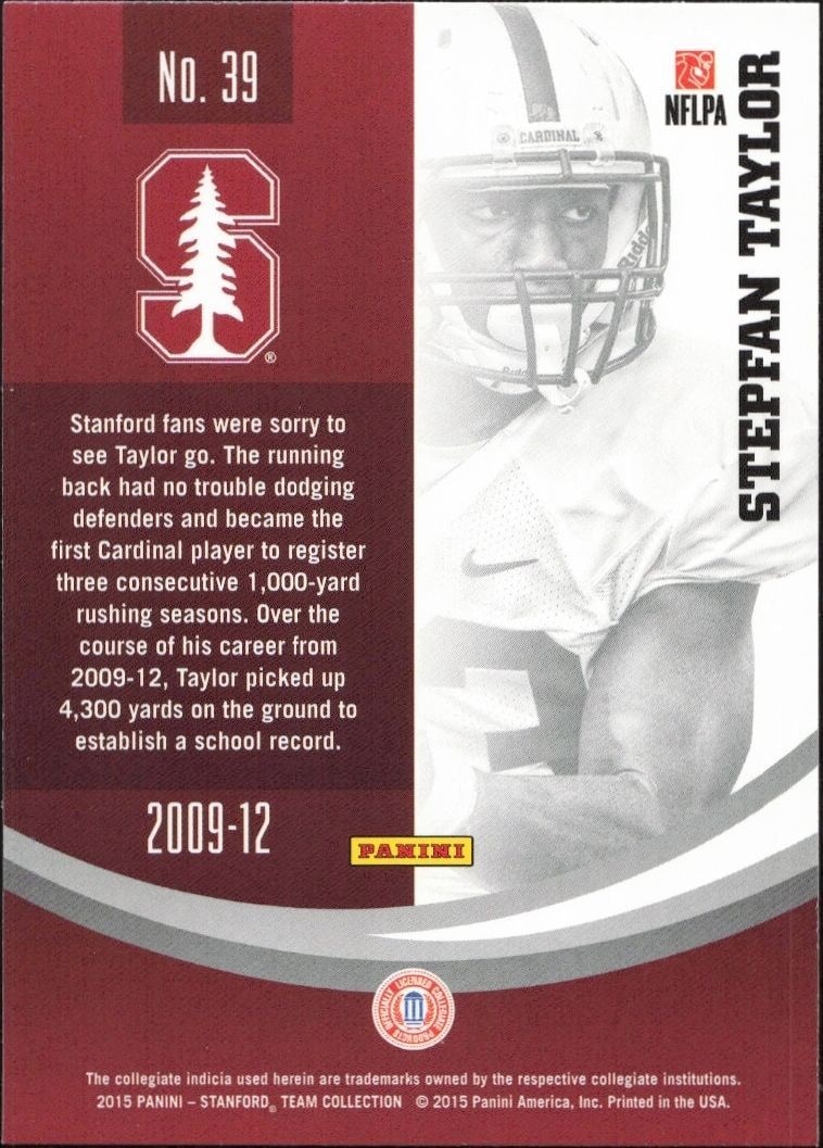 2015 Panini Stanford Cardinal Team Collection Stepfan Taylor #39 football trading card back